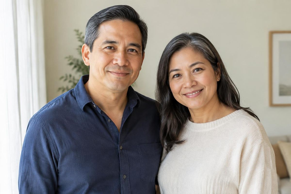 Filipino man and woman in their 40s with natural, healthy-looking hair