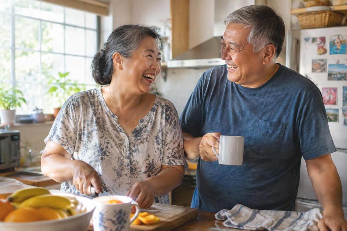 Mature Filipino couple laughing together in their kitchen