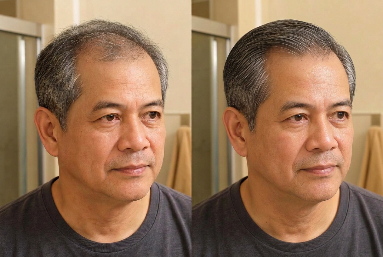 Illustrative side-by-side of the same mature Filipino man with dry-looking hair, then smoother, better-managed hair, same hairline