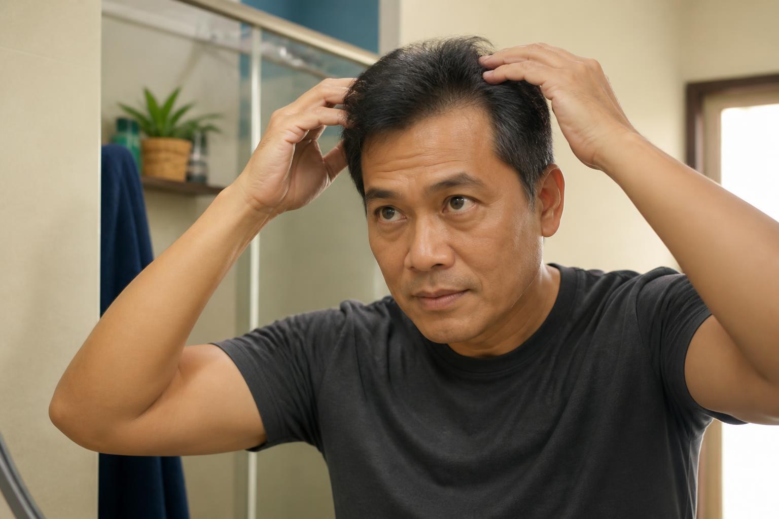 Filipino man massaging oil into his scalp