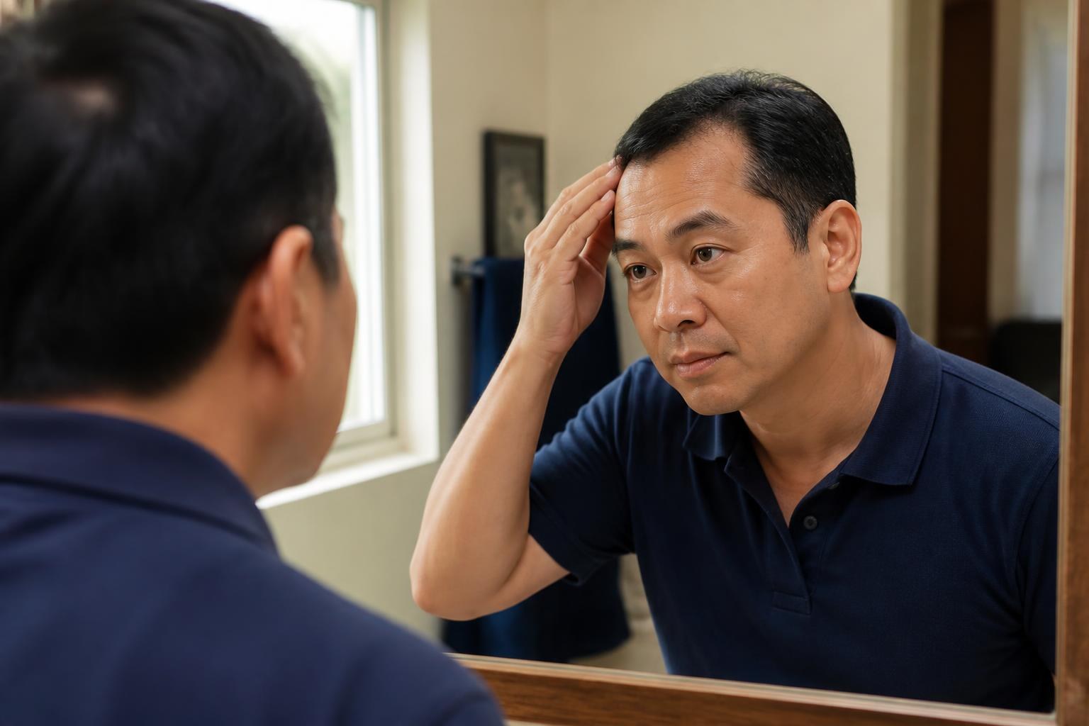 Filipino man checking his hairline