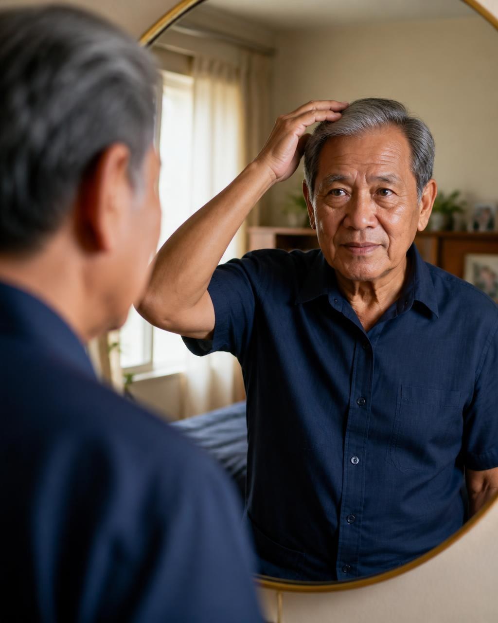 Older Filipino man styling his silver-black hair