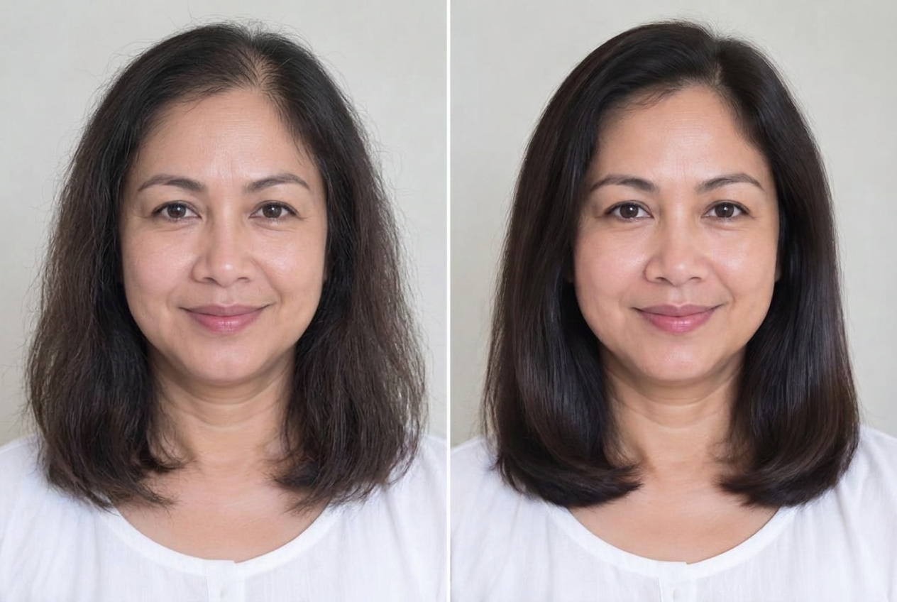 Illustrative side-by-side of the same Filipino woman with dry, frizzy hair, then smoother, better-managed hair, same density