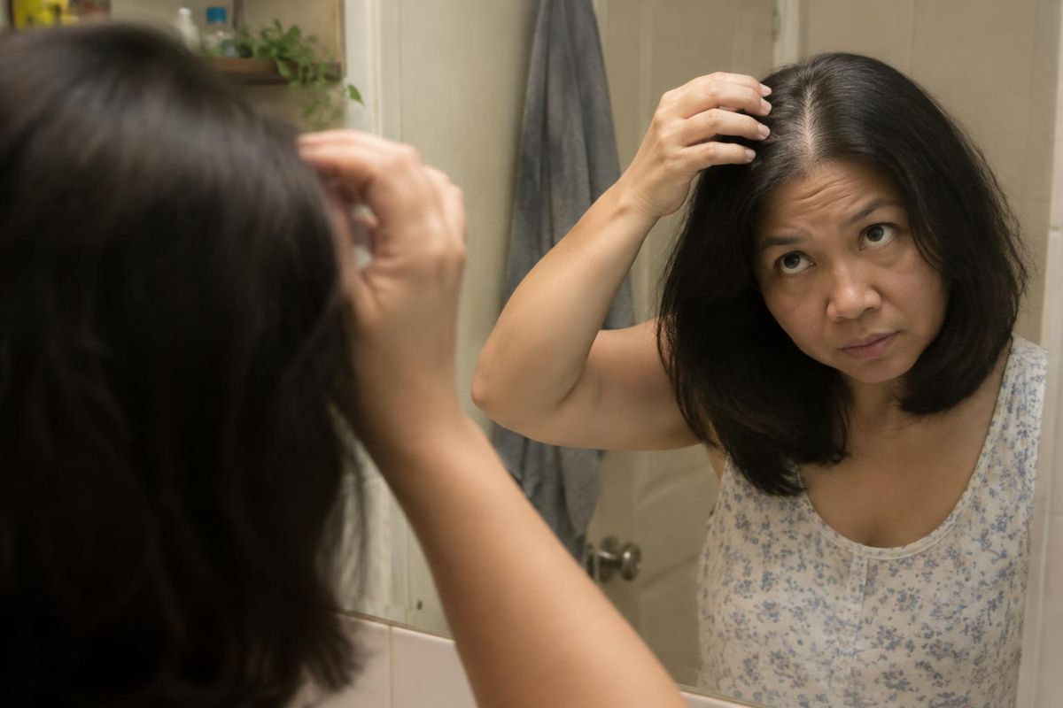 Filipino woman in her 40s checking her hair part in the mirror