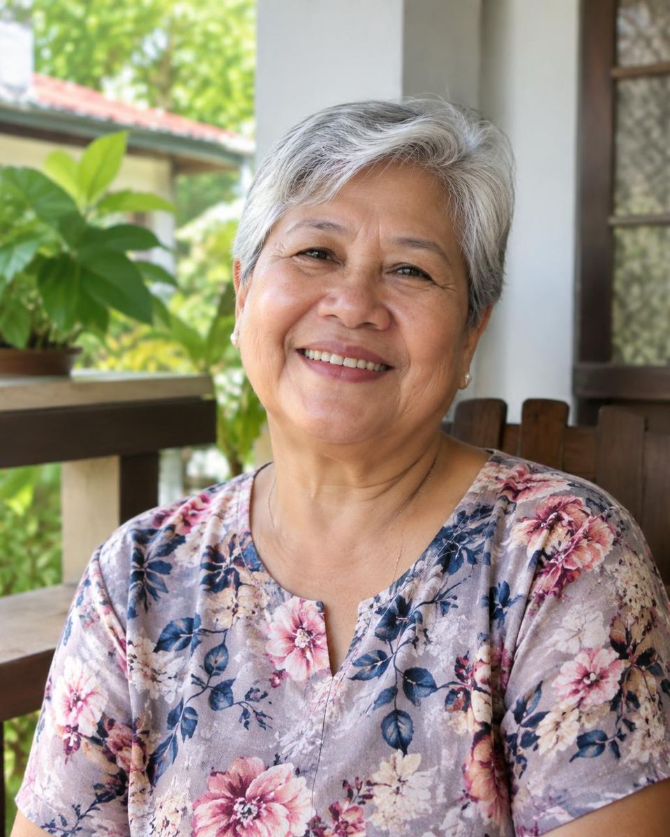 Older Filipino woman with neat silver hair smiling
