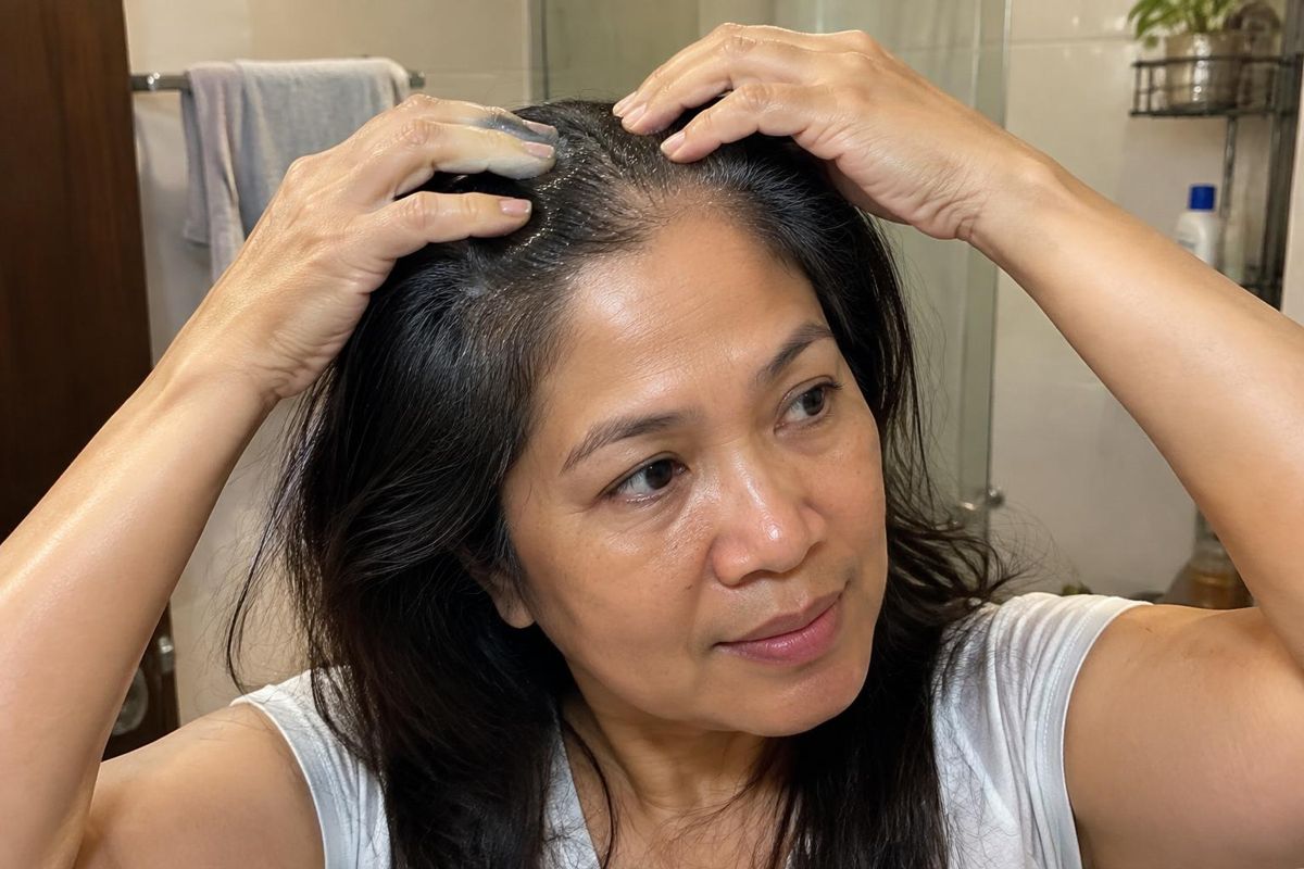 Filipino woman massaging oil into her scalp